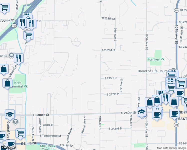 map of restaurants, bars, coffee shops, grocery stores, and more near 23506 92nd Avenue South in Kent
