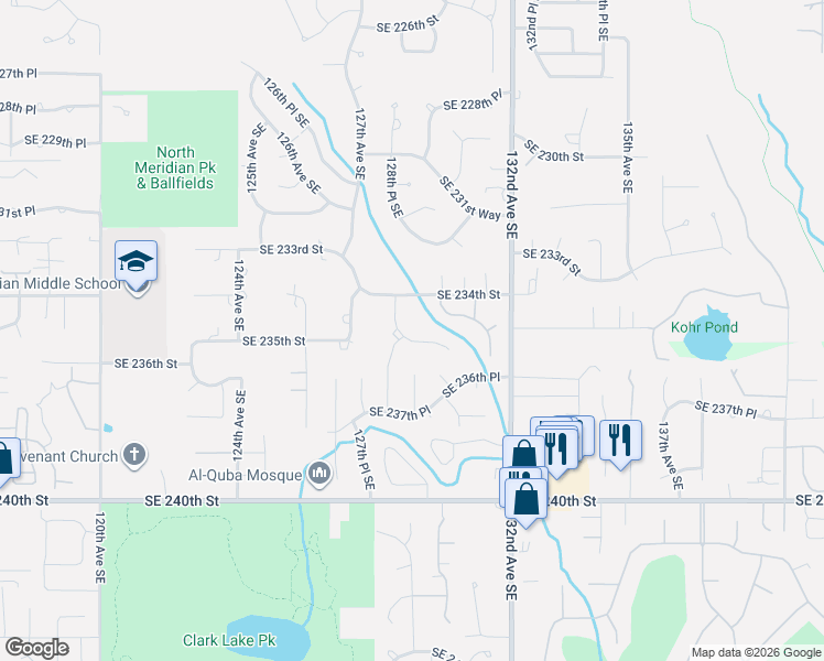 map of restaurants, bars, coffee shops, grocery stores, and more near 12835 Southeast 235th Place in Kent