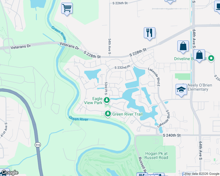 map of restaurants, bars, coffee shops, grocery stores, and more near 23531 54th Avenue South in Kent