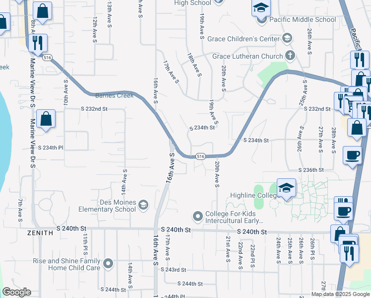 map of restaurants, bars, coffee shops, grocery stores, and more near 1815 Kent Des Moines Road in Seattle