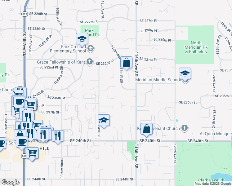 map of restaurants, bars, coffee shops, grocery stores, and more near 11216 Southeast 235th Place in Kent