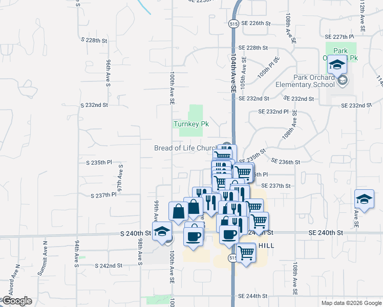 map of restaurants, bars, coffee shops, grocery stores, and more near 23524 100th Avenue Southeast in Kent