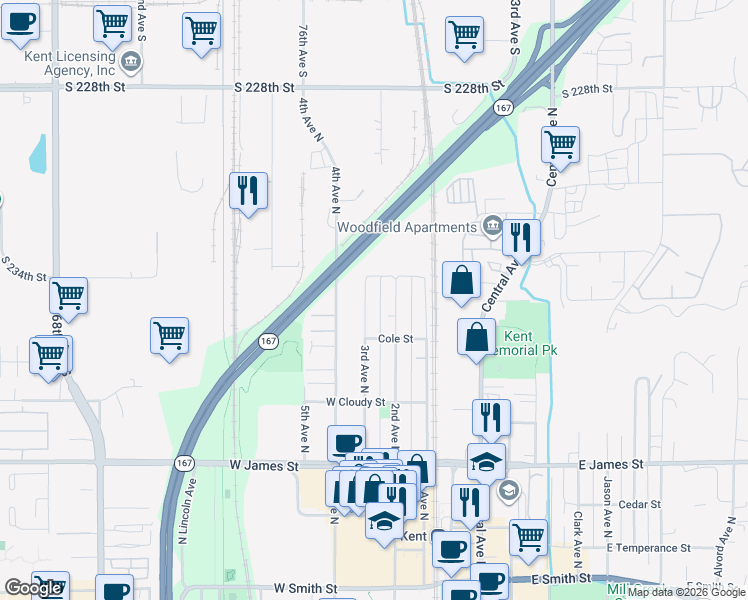 map of restaurants, bars, coffee shops, grocery stores, and more near 934 3rd Avenue North in Kent