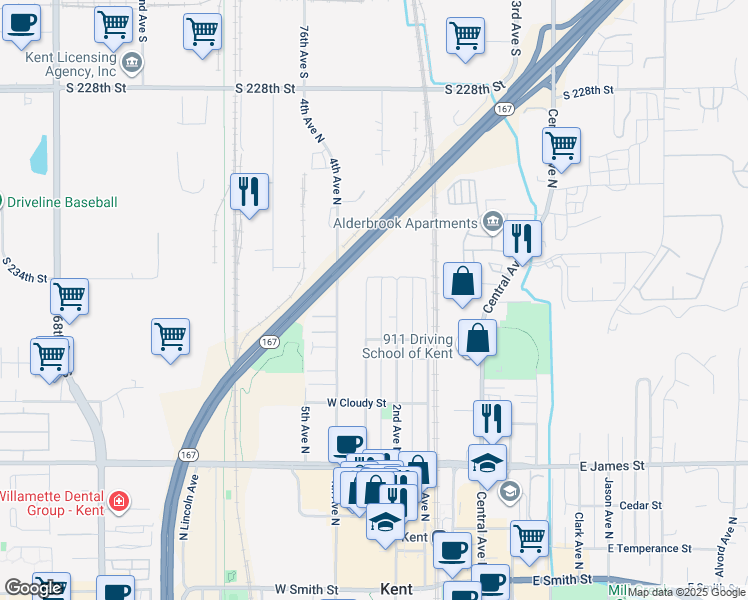 map of restaurants, bars, coffee shops, grocery stores, and more near 934 3rd Avenue North in Kent