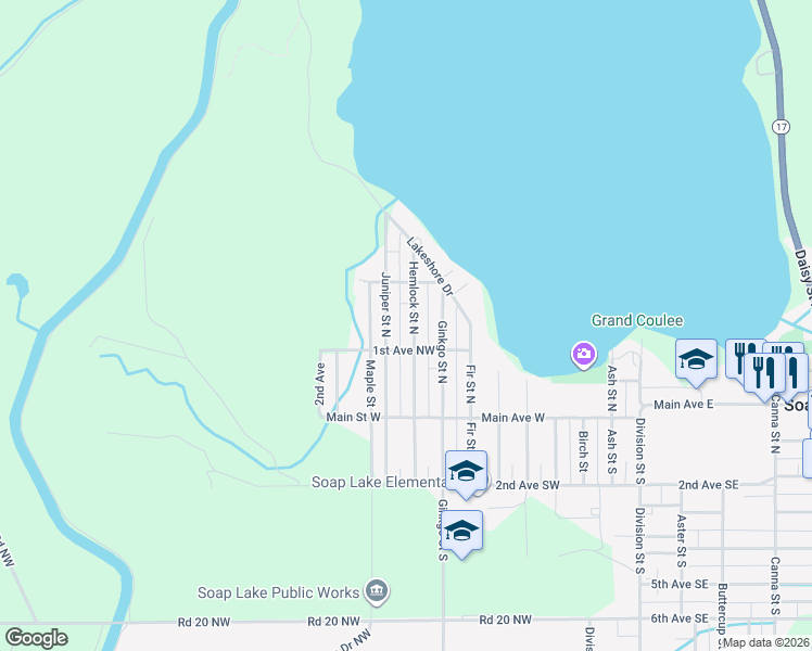 map of restaurants, bars, coffee shops, grocery stores, and more near 722 1st Avenue Northwest in Soap Lake