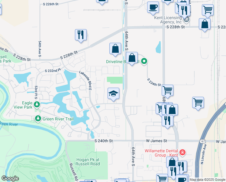 map of restaurants, bars, coffee shops, grocery stores, and more near 6300 South 236th Street in Kent