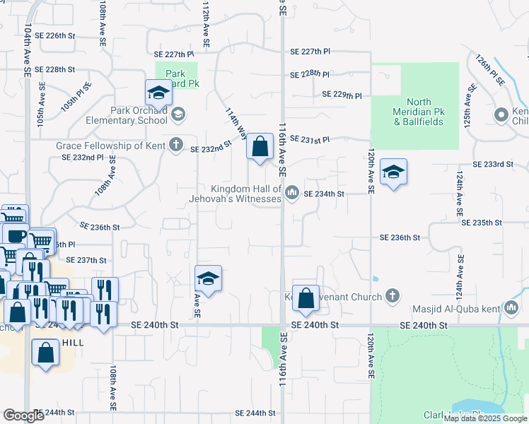 map of restaurants, bars, coffee shops, grocery stores, and more near 11411 Southeast 234th Place in Kent