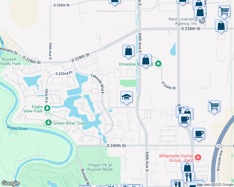 map of restaurants, bars, coffee shops, grocery stores, and more near 23502 62nd Avenue South in Kent