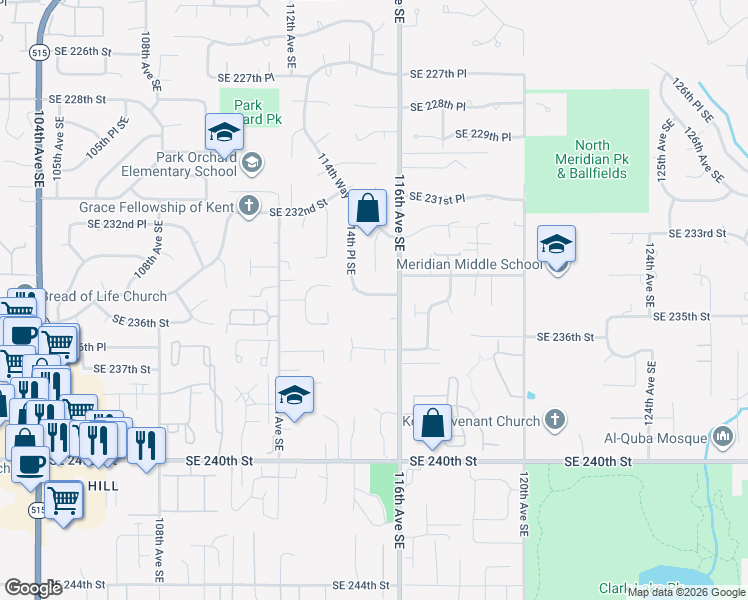 map of restaurants, bars, coffee shops, grocery stores, and more near 11411 Southeast 234th Place in Kent