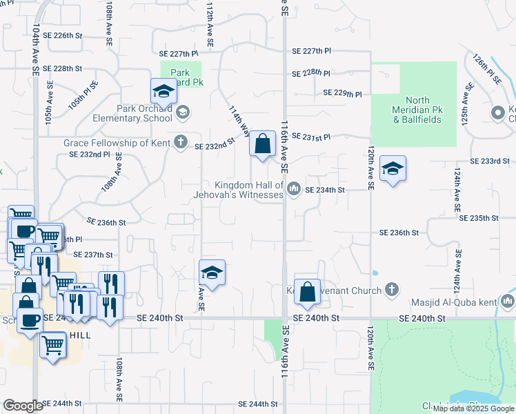 map of restaurants, bars, coffee shops, grocery stores, and more near 11411 Southeast 234th Place in Kent