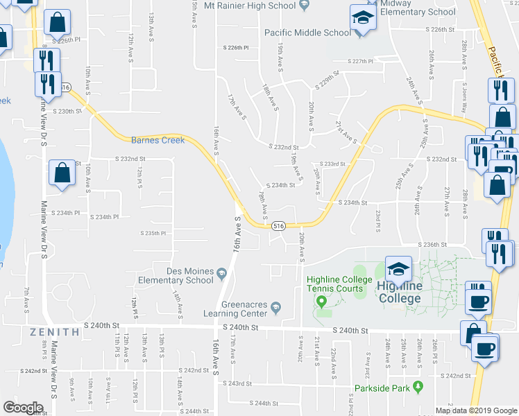 map of restaurants, bars, coffee shops, grocery stores, and more near 1815 Kent Des Moines Road in Seattle