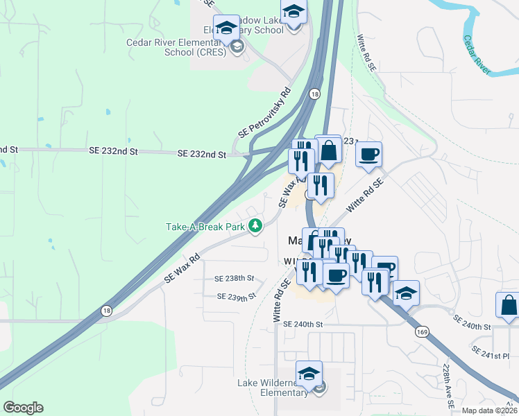 map of restaurants, bars, coffee shops, grocery stores, and more near 21900 Southeast Wax Road in Maple Valley