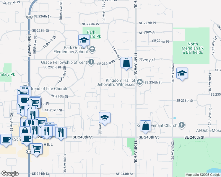 map of restaurants, bars, coffee shops, grocery stores, and more near 11207 Southeast 234th Place in Kent