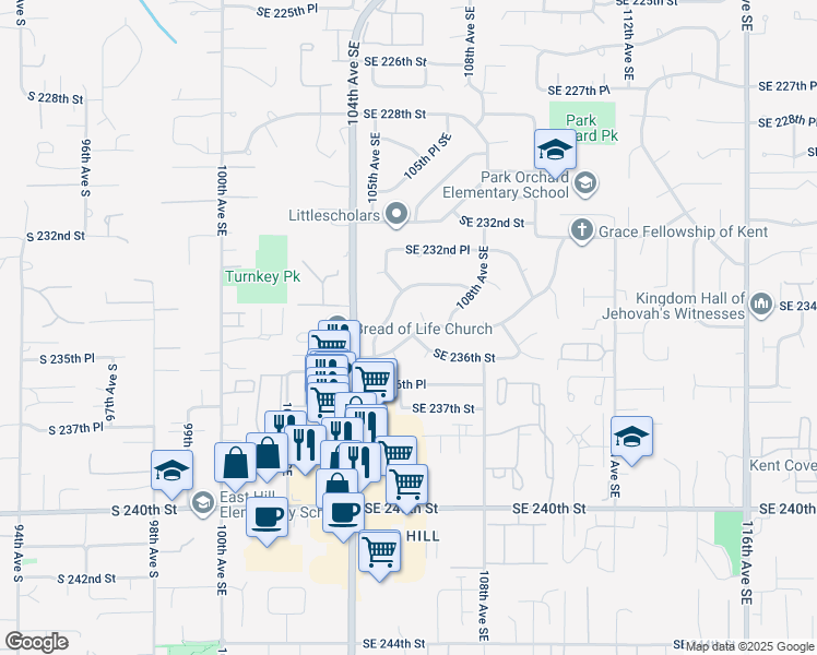 map of restaurants, bars, coffee shops, grocery stores, and more near 23308 105th Avenue Southeast in Kent