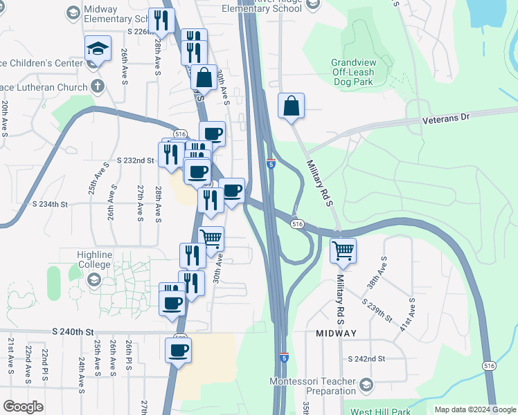 map of restaurants, bars, coffee shops, grocery stores, and more near 3101 Kent Des Moines Road in Kent
