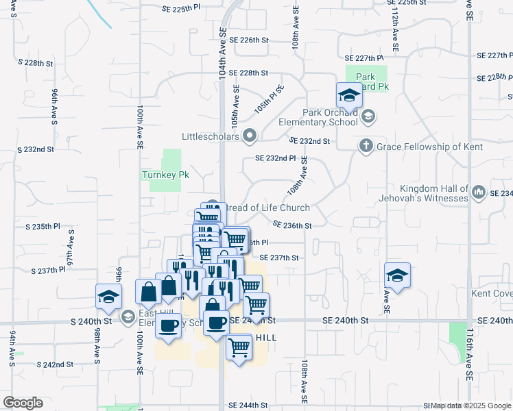 map of restaurants, bars, coffee shops, grocery stores, and more near 23308 105th Avenue Southeast in Kent