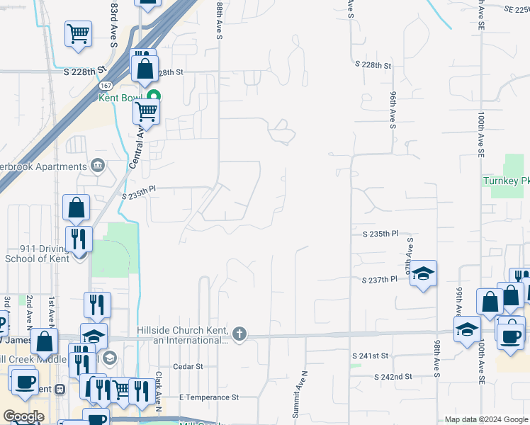 map of restaurants, bars, coffee shops, grocery stores, and more near 23325 91st Avenue South in Kent