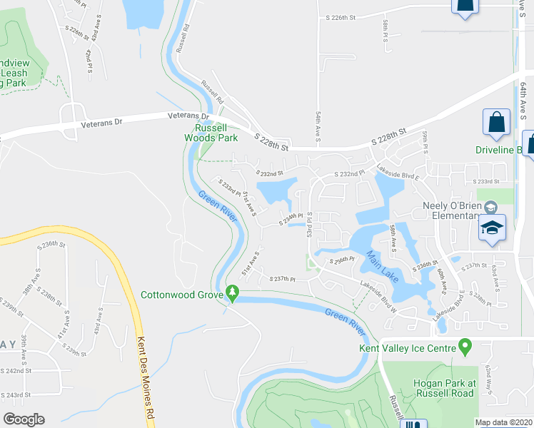 map of restaurants, bars, coffee shops, grocery stores, and more near 23405 52nd Place South in Kent