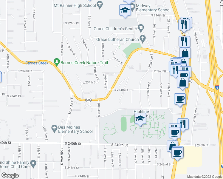 map of restaurants, bars, coffee shops, grocery stores, and more near South Kent Des Moines Road in Des Moines