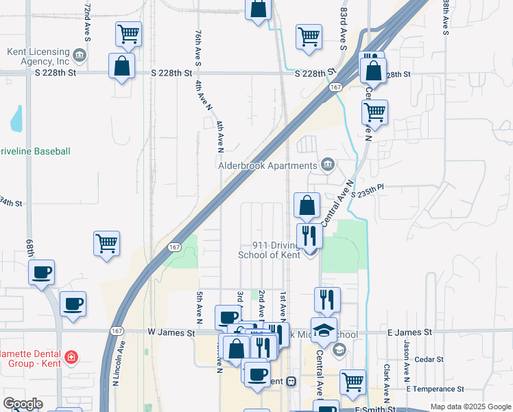 map of restaurants, bars, coffee shops, grocery stores, and more near 945 2nd Avenue North in Kent