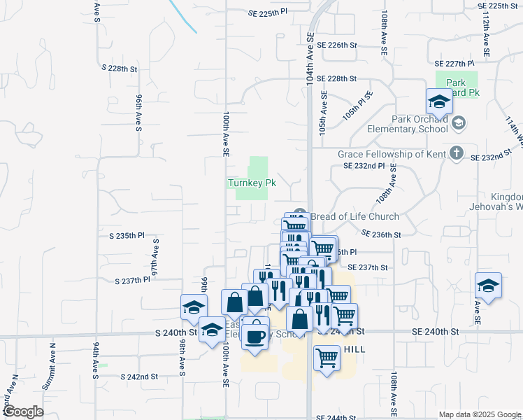 map of restaurants, bars, coffee shops, grocery stores, and more near 23411 102nd Avenue Southeast in Kent