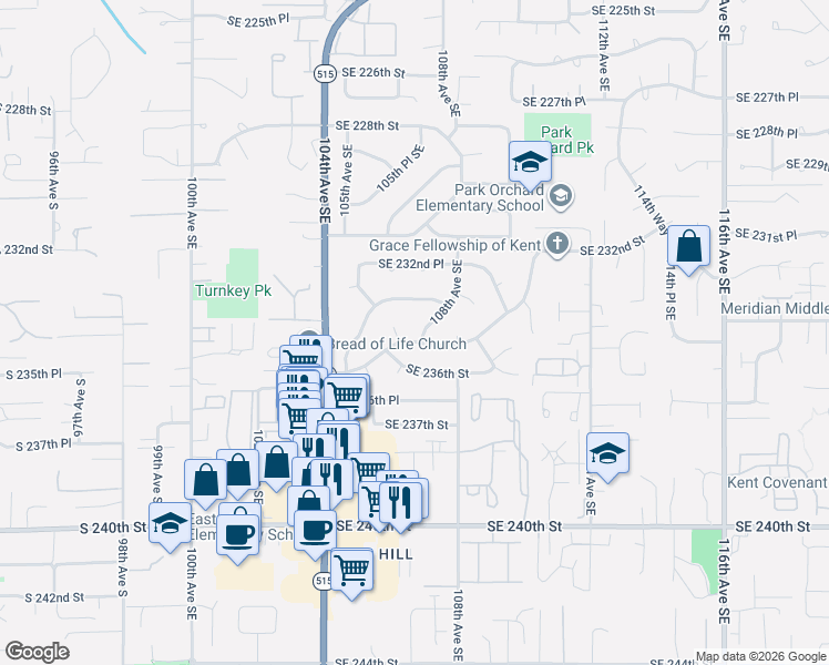 map of restaurants, bars, coffee shops, grocery stores, and more near 10531 Southeast 233rd Place in Kent