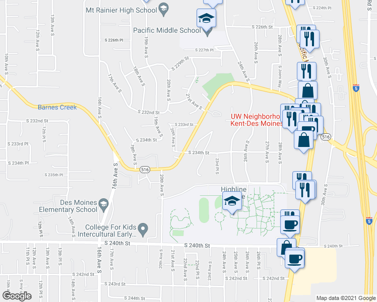 map of restaurants, bars, coffee shops, grocery stores, and more near 2060 South 234th Street in Seattle
