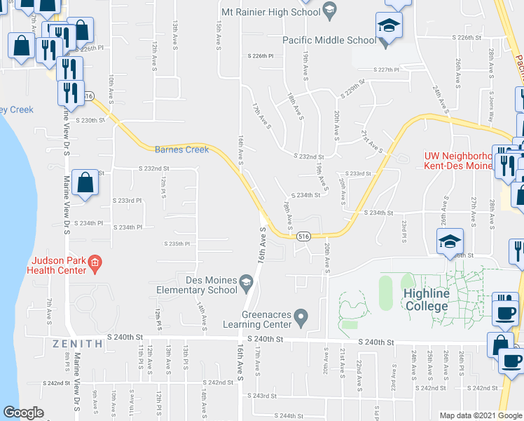 map of restaurants, bars, coffee shops, grocery stores, and more near 1634 Kent Des Moines Road in Seattle