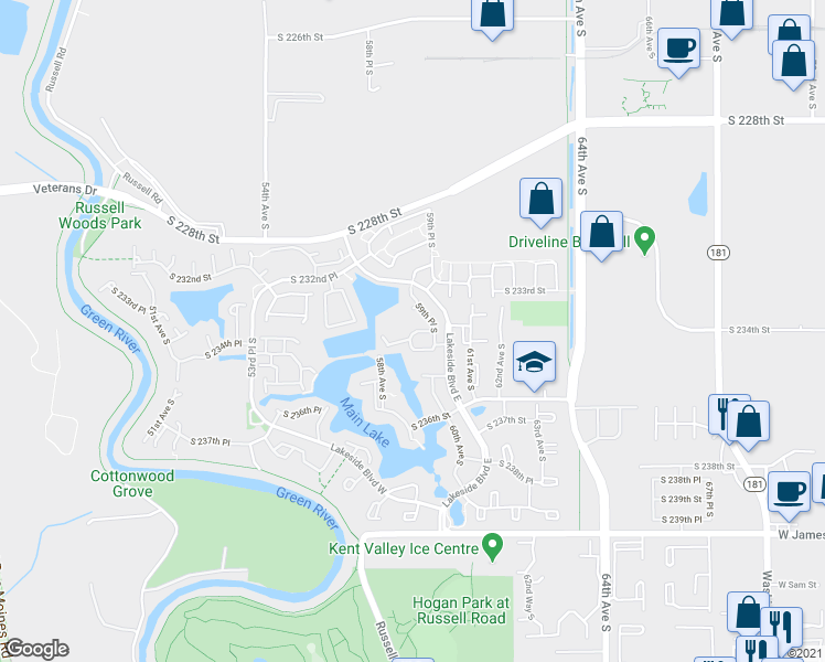 map of restaurants, bars, coffee shops, grocery stores, and more near 23223 59th Place South in Kent