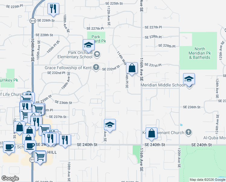 map of restaurants, bars, coffee shops, grocery stores, and more near 11208 Southeast 234th Street in Kent