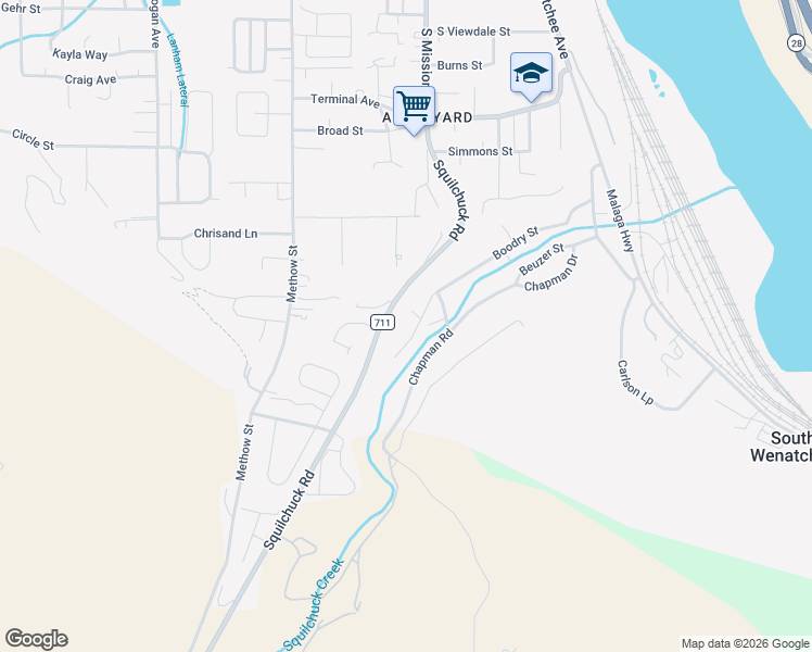 map of restaurants, bars, coffee shops, grocery stores, and more near 300 Kray Ike Court in Wenatchee