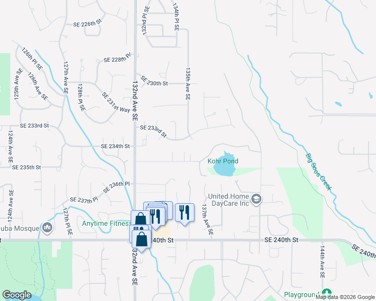 map of restaurants, bars, coffee shops, grocery stores, and more near 13407 Southeast 233rd Street in Kent