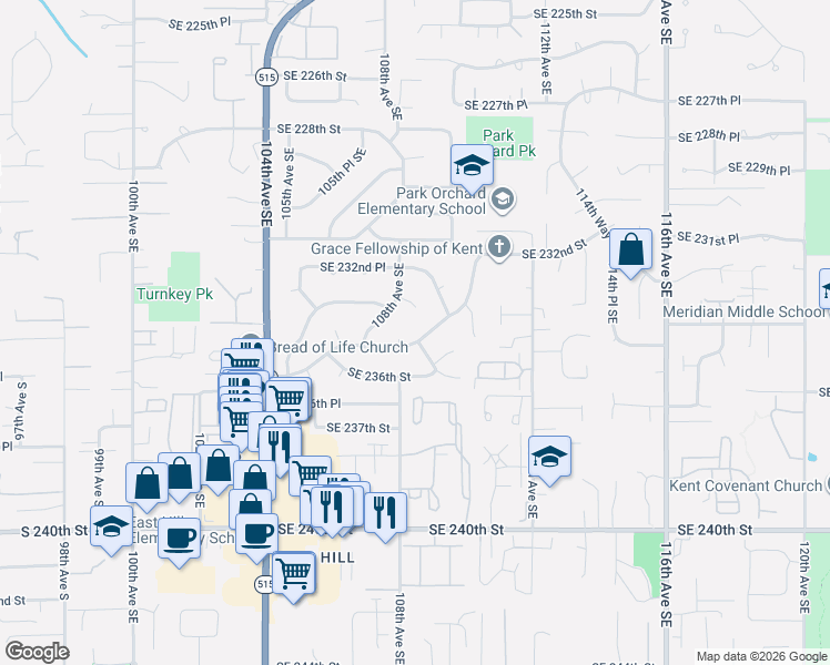 map of restaurants, bars, coffee shops, grocery stores, and more near 10928 Southeast 235th Street in Kent