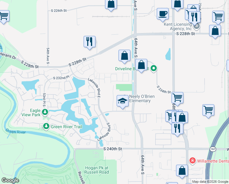 map of restaurants, bars, coffee shops, grocery stores, and more near 6101 62nd Avenue South in Kent