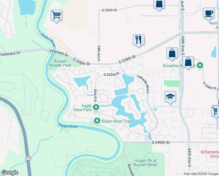 map of restaurants, bars, coffee shops, grocery stores, and more near 23332 55th Avenue South in Kent