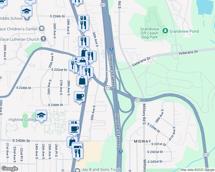 map of restaurants, bars, coffee shops, grocery stores, and more near 3101-3193 Kent Des Moines Road in Kent