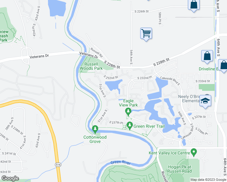 map of restaurants, bars, coffee shops, grocery stores, and more near 23405 52nd Place South in Kent