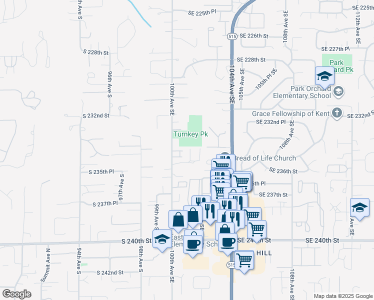 map of restaurants, bars, coffee shops, grocery stores, and more near 23324 100th Avenue Southeast in Kent
