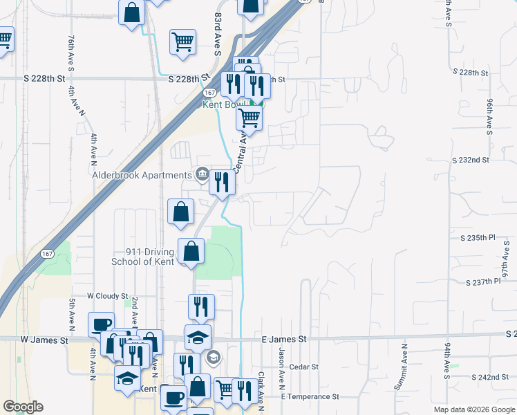 map of restaurants, bars, coffee shops, grocery stores, and more near 21506 84th Place South in Kent