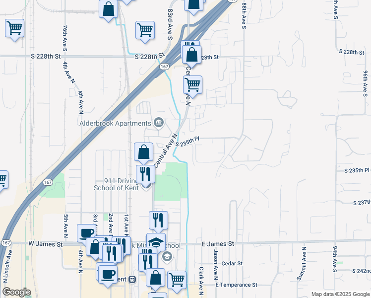 map of restaurants, bars, coffee shops, grocery stores, and more near 4922 South 235th Place in Kent