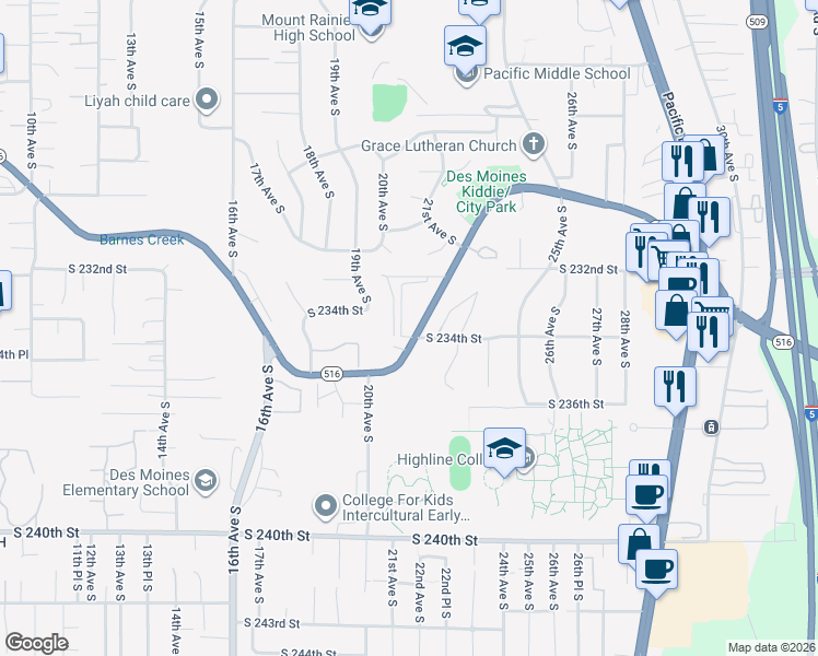 map of restaurants, bars, coffee shops, grocery stores, and more near 23339 20th Avenue South in Des Moines