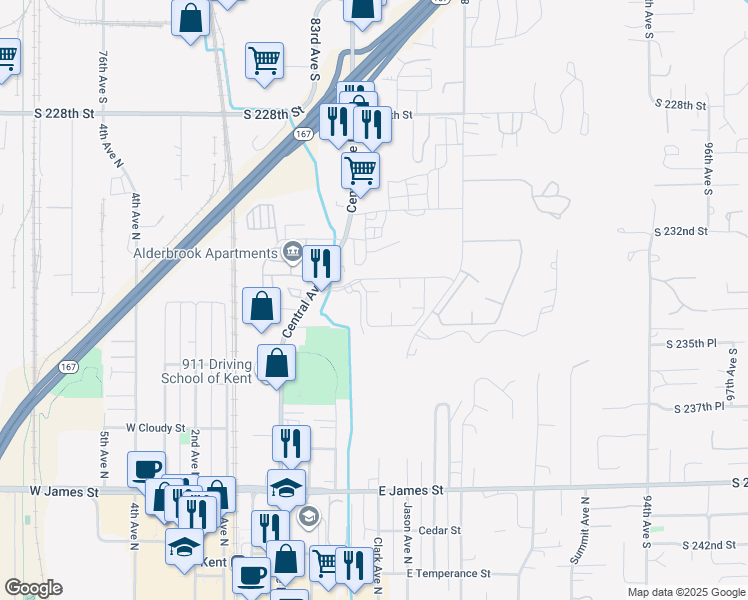 map of restaurants, bars, coffee shops, grocery stores, and more near 21506 84th Place South in Kent