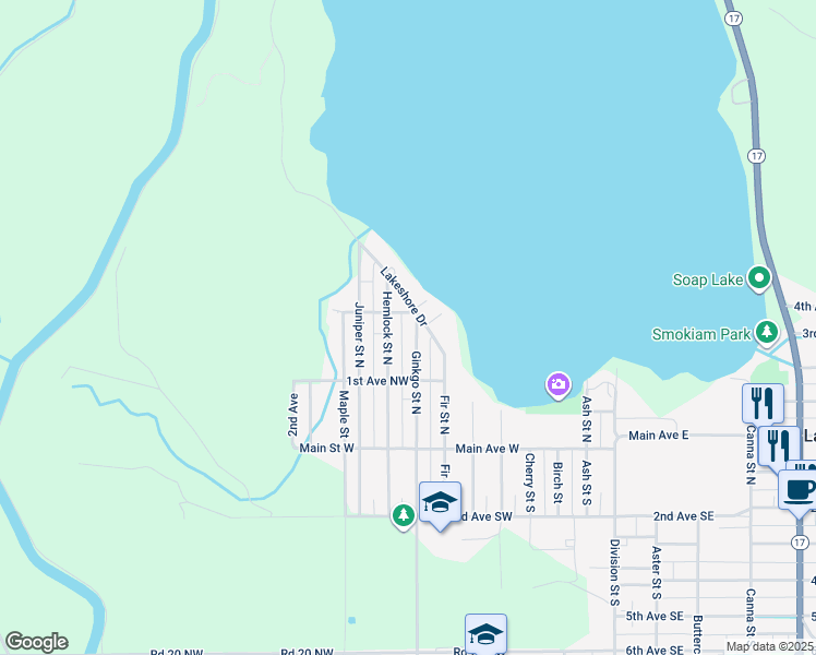 map of restaurants, bars, coffee shops, grocery stores, and more near 223 Ginkgo Street North in Soap Lake