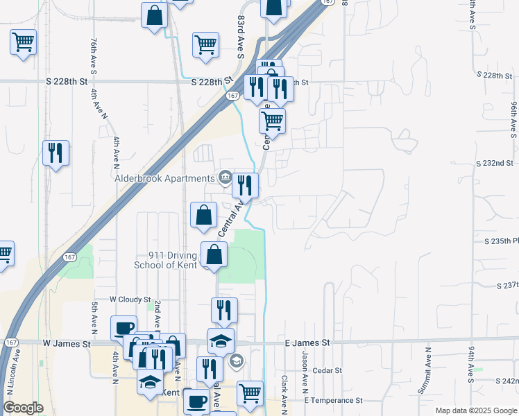 map of restaurants, bars, coffee shops, grocery stores, and more near 4922 South 235th Place in Kent