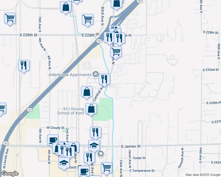 map of restaurants, bars, coffee shops, grocery stores, and more near 4922 South 235th Place in Kent