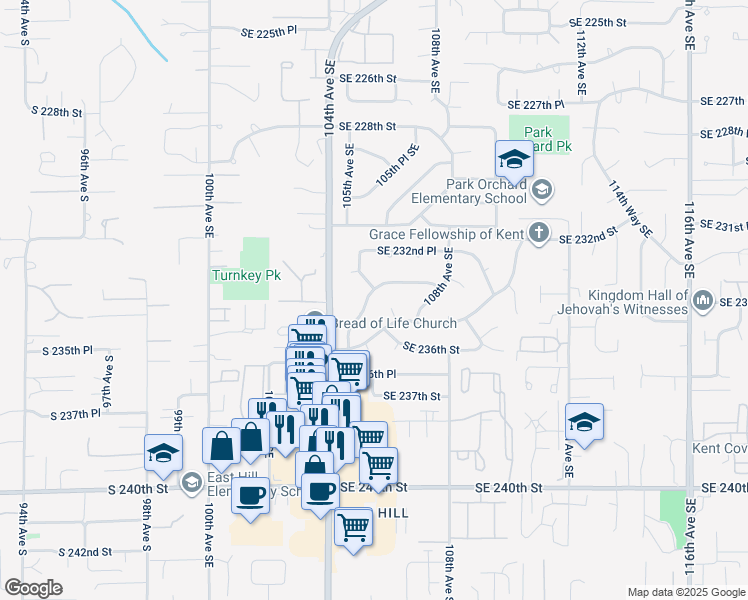 map of restaurants, bars, coffee shops, grocery stores, and more near 23308 105th Avenue Southeast in Kent
