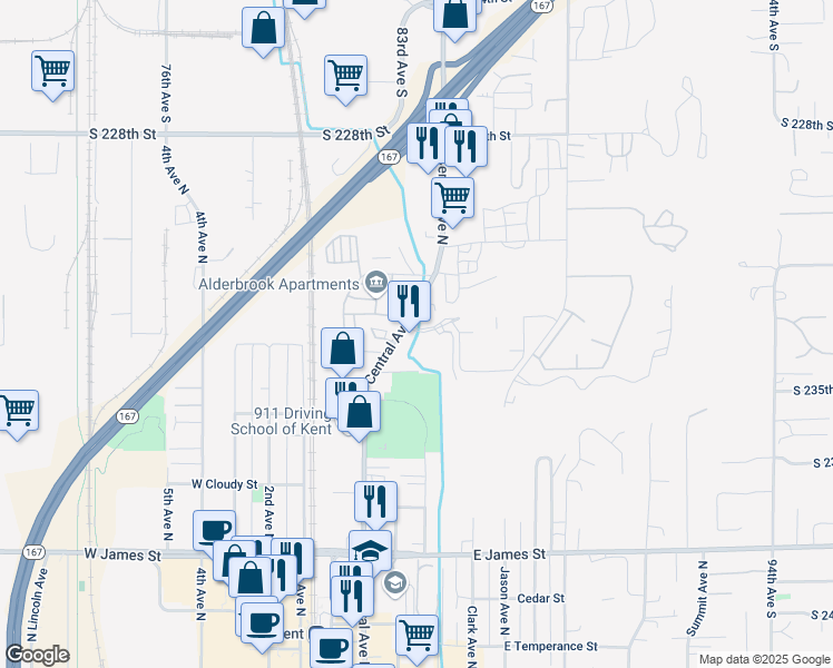 map of restaurants, bars, coffee shops, grocery stores, and more near 4922 South 235th Place in Kent