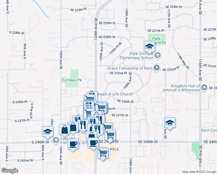 map of restaurants, bars, coffee shops, grocery stores, and more near 23308 105th Avenue Southeast in Kent
