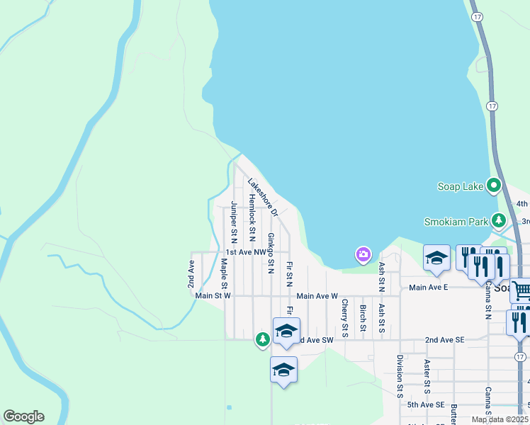 map of restaurants, bars, coffee shops, grocery stores, and more near 223 Ginkgo Street North in Soap Lake