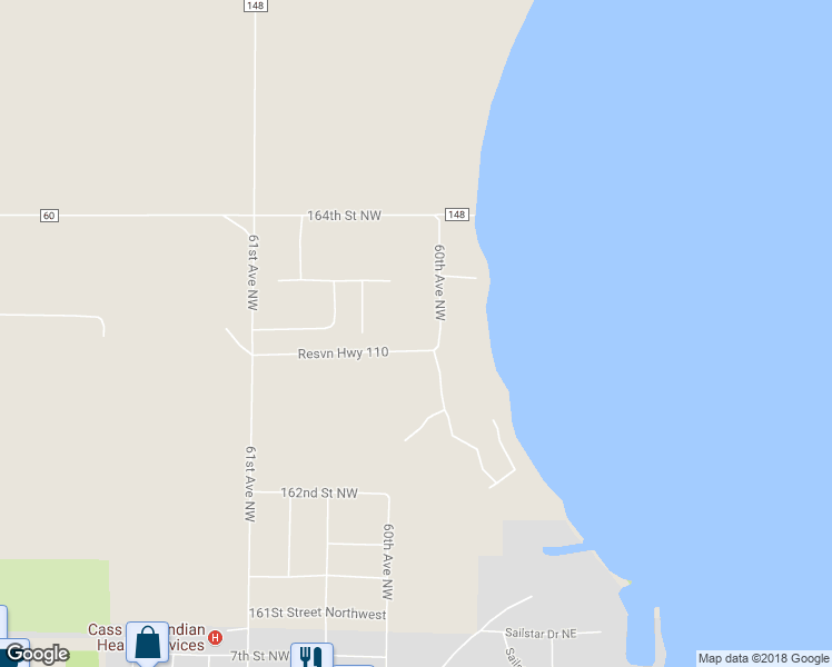 map of restaurants, bars, coffee shops, grocery stores, and more near 16305 60th Avenue Northwest in Cass Lake